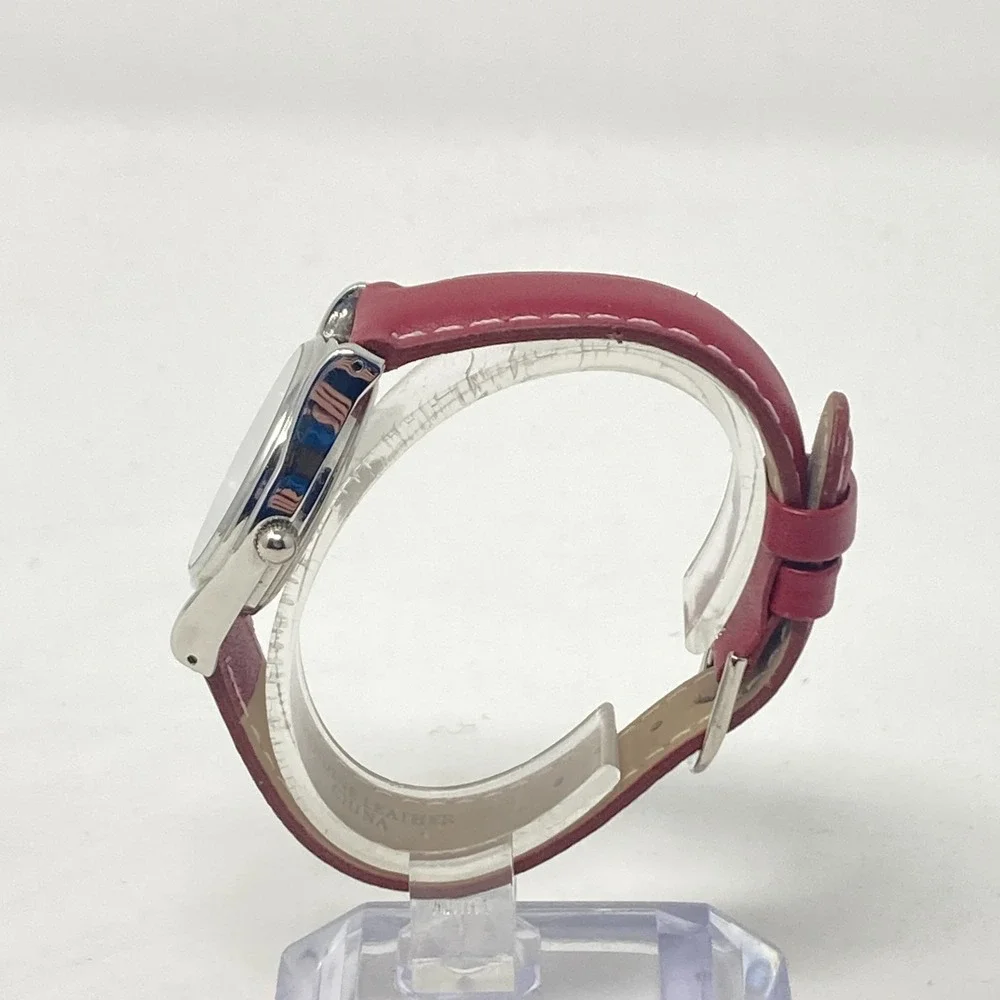 Sharp Womens Easy Reader Watch 29mm Silver Tone Date Red Leather 30M New Battery